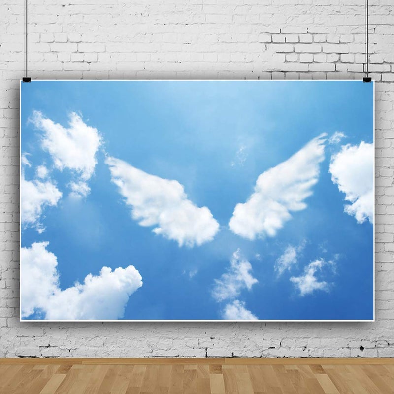 DORCEV 7x5ft Angel Wings Photography Backdrop for Birthday Party Gender Reveal Party Baby Shower Background Heaven Angel Wings Blue Sky White Cloud Party Banner Girls Photo Studio Props - Image 3